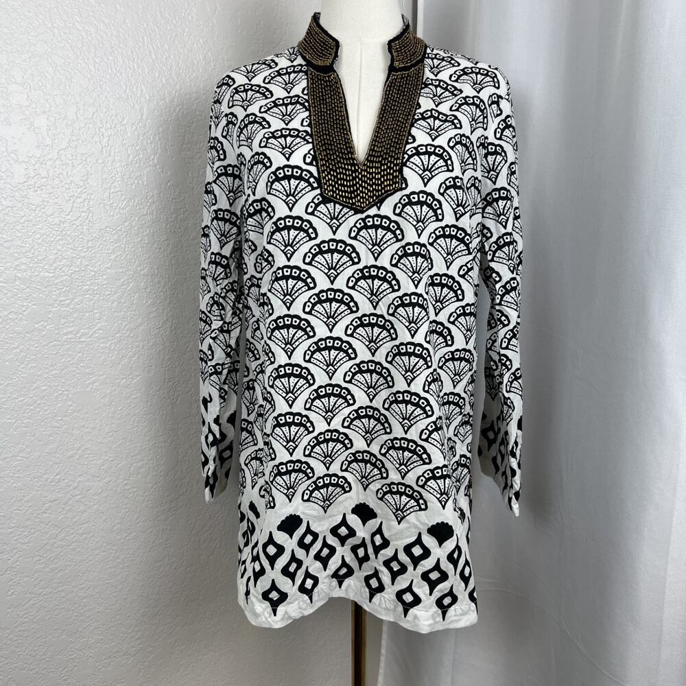 Soft Surroundings Top‎ Womens Small White Black Tunic Beaded Coastal Artsy Boho